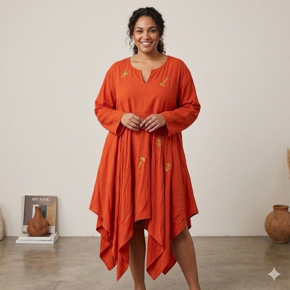 Vintage Spiegel Embroidered Midi Dress XXL Orange Asymmetric Celestial Resort